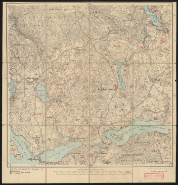 Mapa drukowana 971 Pöhlen I - Ujęcie z przodu; Mapę 971 Pöhlen I opracowano w 1875, a wydano w 1877 roku. Obejmuje obszar w pobliżu miejscowości Pöhlen, Kreis Neustettin, Reg. Bez. Köslin, Prov. Pommern, dziś Polne, pow. szczecinecki, woj. zachodniopomorskie, Polska. Jest jedynym egzemplarzem arkusza przedwojennej mapy topograficznej oznaczonego godłem 971, zawierającym dane o lokalizacji obiektów i ich nazw w zasobie archiwalnym Flurnamen Sammlung. Na drukowanej mapie ręcznie naniesiono warstwę z numeracją obiektów fizjograficznych odnoszących się do miejscowości: Klaushagen, dziś Kluczewo; Westgönne, dziś Stare Gonne; Gr., Kl. Klöpperfier, dziś Chłopowo, Chłopówko; Sternhof, dziś Gwiazdowo; Oerden, dziś Uradz; Prössin, dziś Prosino; Neudorf, dziś Prosinko; Gr. Schwarzsee, dziś Czarne Wielkie; Pöhlen; Alt Draheim, dziś Stare Drawsko; Schneidemühl, dziś Żerdno; Ober, Nieder Zicker, dziś Sikory; Rackow, dziś Rakowo.