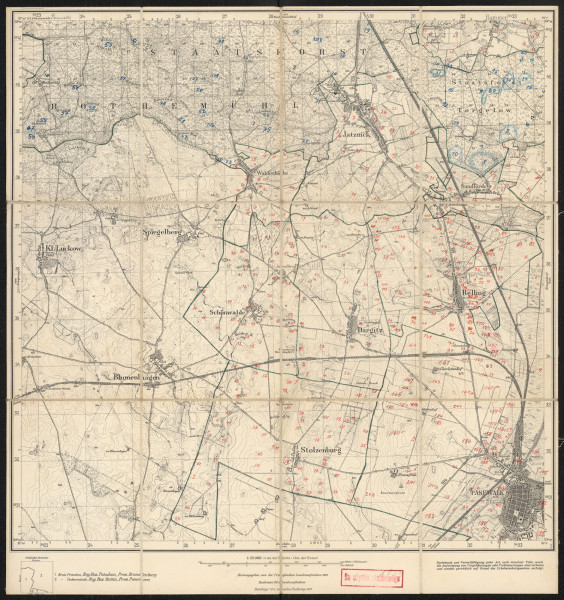 Mapa drukowana 1053 Pasewalk I - Ujęcie z przodu; Mapę 1053 Pasewalk I opracowano i wydano w 1889, skorygowano w 1911, a dodrukowano w 1919 roku. Obejmuje obszar w pobliżu miejscowości Pasewalk, Kreis Ueckermünde, Reg. Bez. Stettin, Prov. Pommern, dziś Kreis Vorpommern-Greifswald, Bundesland Mecklenburg-Vorpommern, Niemcy. Jest jedynym zachowanym egzemplarzem arkusza przedwojennej mapy topograficznej oznaczonego godłem 1053, zawierającym dane o lokalizacji obiektów i ich nazw w zasobie archiwalnym Flurnamen Sammlung. Na drukowanej mapie ręcznie naniesiono warstwę z numeracją obiektów fizjograficznych odnoszących się do miejscowości: Rothemühl, Waldeshöhe, Jatznick, Hammer, Torgelow, Sandforde, Schönwalde, Dargitz, Belling, Stolzenburg, Pasewalk.