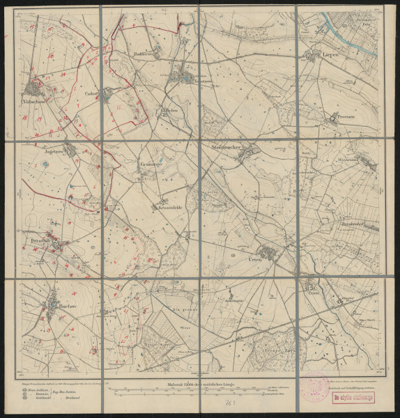drukowana mapa 763 Crien II - Ujęcie z przodu; Mapę 763 Crien II opracowano w 1884, wydano w 1886, a dodrukowano w 1911 roku. Obejmuje obszar w pobliżu miejscowości Crien (Krien), Kreis Anklam, Reg. Bez. Stettin, Prov. Pommern, dziś Kreis Vorpommern-Greifswald, Bundesland Mecklenburg-Vorpommern, Niemcy. Jest jednym z dwóch zachowanych egzemplarzy arkusza przedwojennej mapy topograficznej oznaczonego godłem 763, zawierającym dane o lokalizacji obiektów i ich nazw w zasobie archiwalnym Flurnamen Sammlung. Na drukowanej mapie ręcznie naniesiono warstwę z numeracją obiektów fizjograficznych odnoszących się do miejscowości: Völschow, Cadow, Jagetzow, Pritzenow, Bartow.