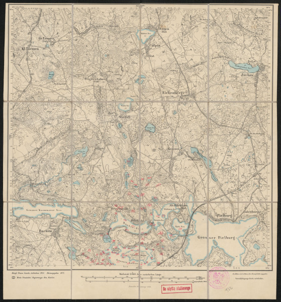 Mapa drukowana 972 Pielburg III - Ujęcie z przodu; Mapę 972 Pielburg III opracowano w 1875, wydano w 1877, a dodrukowano w 1909 roku. Obejmuje obszar w pobliżu miejscowości Pielburg, Kreis Neustettin, Reg. Bez. Köslin, Prov. Pommern, dziś Piława (wcześniej Pile), pow. szczecinecki, woj. zachodniopomorskie, Polska. Jest jednym z dwóch zachowanych egzemplarzy arkusza przedwojennej mapy topograficznej oznaczonego godłem 972, zawierającym dane o lokalizacji obiektów i ich nazw w zasobie archiwalnym Flurnamen Sammlung. Na drukowanej mapie ręcznie naniesiono warstwę z numeracją obiektów fizjograficznych odnoszących się do miejscowości: Petersmark, dziś Piotrowo; Altmühl, dziś Strzeszyn; Alt Bärbaum, dziś Międzylesie.