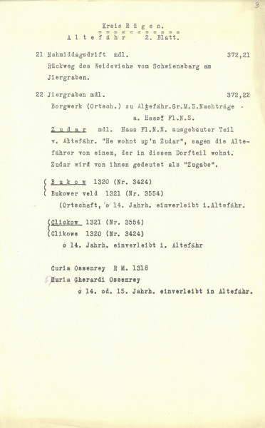 Flurnamen Sammlung - Powiat Rugijski - Ujęcie jednej z kart spisu maszynowego. Lekko pożółkła karta spisu maszynowego zawierającego 2 pozycje z nazwami i ich opis w języku niemieckim.