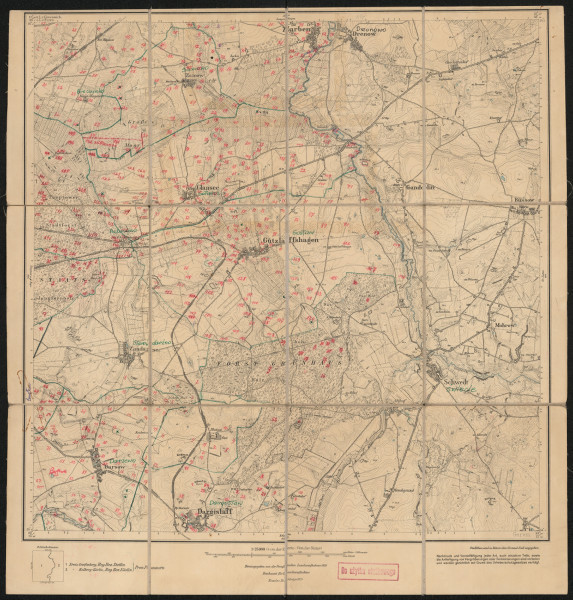 drukowana mapa 603 Gützlaffshagen I - Ujęcie z przodu; Mapę 603 Gützlaffshagen I opracowano i wydano w 1891, a dodrukowano w 1929 roku. Obejmuje obszar w pobliżu miejscowości Gützlaffshagen, Kreis Greifenberg, Reg. Bez. Stettin, Prov. Pommern, dziś Gosław, pow. gryficki, woj. zachodniopomorskie, Polska. Jest jednym z dwóch zachowanych egzemplarzy arkusza przedwojennej mapy topograficznej oznaczonego godłem 603 (ale inne wydanie), zawierającym dane o lokalizacji obiektów i ich nazw w zasobie archiwalnym Flurnamen Sammlung. Na drukowanej mapie ręcznie naniesiono warstwę z numeracją obiektów fizjograficznych odnoszących się do miejscowości: Hagenow, dziś Bieczyno; Treptow, dziś Trzebiatów; Zamow, dziś Samowo; Glansee, dziś Gołańcz; Zarben, dziś Sarbia; Gützlaffshagen; Zimdarsee, dziś Siemidarżno; Darsow, dziś Darżewo; Dargislaff, dziś Dargosław.