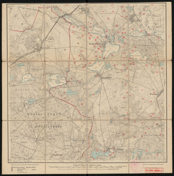 Mapa drukowana 1156 Zamzow I.II - Ujęcie z przodu; Mapę 1156 Zamzow I.II opracowano w 1890, wydano w 1892, a dodrukowano w 1899 roku. Obejmuje obszar w pobliżu miejscowości Zamzow, Kreis Saatzig, Reg. Bez. Stettin, Prov. Pommern, dziś Ziemsko, pow. drawski, woj. zachodniopomorskie, Polska. Jest jednym z dwóch zachowanych egzemplarzy arkusza przedwojennej mapy topograficznej oznaczonego godłem 1156, zawierającym dane o lokalizacji obiektów i ich nazw w zasobie archiwalnym Flurnamen Sammlung. Na drukowanej mapie ręcznie naniesiono warstwę z numeracją obiektów fizjograficznych odnoszących się do miejscowości: Welschenburg, dziś Woliczno; Kl. Mellen, dziś Mielenko Drawskie; Klausdorf, dziś Bucierz; Köntopf, dziś Konotop; Neu Lobitz, dziś Nowy Łowicz.