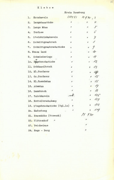 Flurnamen Sammlung - Kreis Dramburg - Ujęcie jednej ze stron spisu maszynowego. Pożókła karta spisu maszynowego zawierajacego 24 pozycje z nazwami w języku niemieckim. Po prawej stronie pozycji dopiski odręczne wykonane piórem również w języku niemieckim.