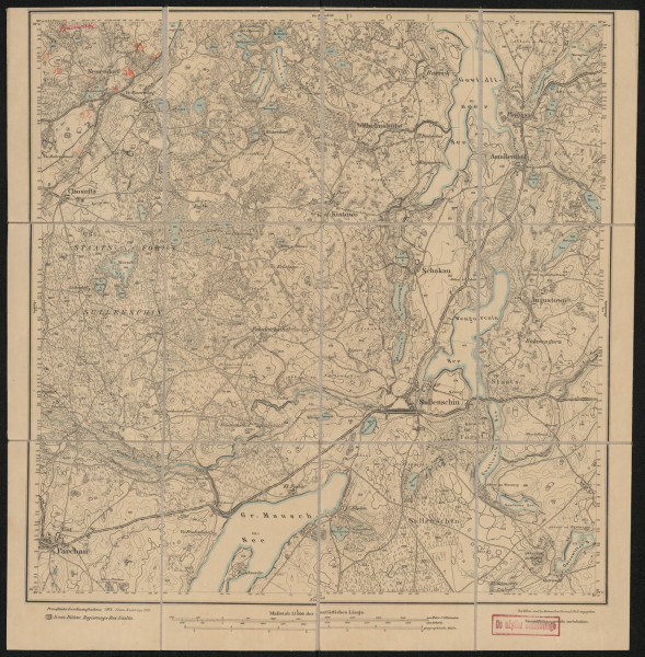 drukowana mapa 457 Sullenschin I - Ujęcie z przodu; Mapę 457 Sullenschin I opracowano w 1875, a dodrukowano w 1919 roku. Obejmuje obszar w pobliżu miejscowości Sullenschin, Kreis Bütow, Reg. Bez. Köslin, Prov. Pommern, dziś Sulęczyno, pow. kartuski, woj. pomorskie, Polska. Jest jedynym zachowanym egzemplarzem arkusza przedwojennej mapy topograficznej oznaczonego godłem 456, zawierającym dane o lokalizacji obiektów i ich nazw w zasobie archiwalnym Flurnamen Sammlung. Na drukowanej mapie ręcznie naniesiono warstwę z numeracją obiektów fizjograficznych odnoszących się do miejscowości: Neuendorf, dziś Nowa Wieś.