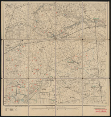 Mapa drukowanaMapę 962 Münchendorf I - Ujęcie z przodu; Mapę 962 Münchendorf I opracowano w 1886, wydano w 1888, a dodrukowano w 1912 roku. Obejmuje obszar w pobliżu miejscowości Münchendorf, Kreis Cammin, Reg. Bez. Stettin, Prov. Pommern, dziś Miękowo, pow. goleniowski, woj. zachodniopomorskie, Polska. Jest jednym z dwóch zachowanych egzemplarzy arkusza przedwojennej mapy topograficznej oznaczonego godłem 962, zawierającym dane o lokalizacji obiektów i ich nazw w zasobie archiwalnym Flurnamen Sammlung. Na drukowanej mapie ręcznie naniesiono warstwę z numeracją obiektów fizjograficznych odnoszących się do miejscowości: Hohenbrück, dziś Borowice; Gr. Stepenitz, dziś Stepnica; Amalienhof, dziś Wierzchosław; Schützendorf, dziś Budzeń; Kattenhof, dziś Kąty.