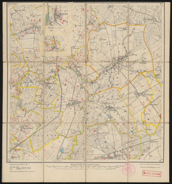 drukowana mapa 319 Peest II - Ujęcie z przodu; Mapę 319 Peest II opracowano w 1889, a dodrukowano w 1925 roku. Obejmuje obszar w pobliżu miejscowości Peest, Kreis Schlawe, Reg. Bez. Köslin, Prov. Pommern, dziś Pieszcz, pow. sławieński, woj. zachodniopomorskie, Polska. Jest jedynym zachowanym egzemplarzem arkusza przedwojennej mapy topograficznej oznaczonego godłem 319, zawierającym dane o lokalizacji obiektów i ich nazw w zasobie archiwalnym Flurnamen Sammlung. Na drukowanej mapie ręcznie naniesiono warstwę z numeracją obiektów fizjograficznych odnoszących się do miejscowości: Pennekow, dziś Pieńkowo; Pustamin, dziś Postomino; Peest; Thyn, dziś Tyń; Wilhelmine, dziś Wilkowice; Stemnitz, dziś Staniewice; Nitzlin, dziś Nosalin; Alt, Neu Paalow, dziś Pałowo, Pałówko; Koccejendorf, dziś Radosław; Freetz, dziś Wrześnica.