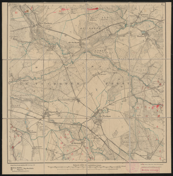 Mapa drukowana 694 Gr. Tychow 0 - Ujęcie z przodu; Mapę 694 Gr. Tychow 0 opracowano i wydano w 1889, a dodrukowano w 1919 roku. Obejmuje obszar w pobliżu miejscowości Gr. Tychow, Kreis Belgard, Reg. Bez. Köslin, Prov. Pommern, dziś Tychowo, pow. białogardzki, woj. zachodniopomorskie, Polska. Jest jednym z trzech zachowanych egzemplarzy arkusza przedwojennej mapy topograficznej oznaczonego godłem 694, zawierającym dane o lokalizacji obiektów i ich nazw w zasobie archiwalnym Flurnamen Sammlung. Na drukowanej mapie ręcznie naniesiono warstwę z numeracją obiektów fizjograficznych odnoszących się do miejscowości: Schlennin, dziś Słonino; Warnin, dziś Warnino; Zarnekow, dziś Czarnkowo; Vietzow, dziś Wicewo; Kl. Krössin, dziś Krosinko; Drenow, dziś Drzonowo Białogardzkie.