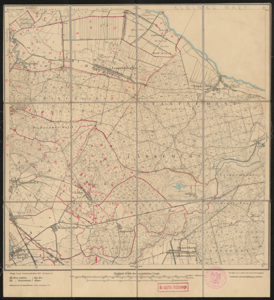 Mapa drukowana 860 Leopoldshagen I - Ujęcie z przodu; Mapę 860 Leopoldshagen I opracowano i wydano w 1887, skorygowano w 1911, a dodrukowano w 1925 roku. Obejmuje obszar w pobliżu miejscowości Leopoldshagen, Kreis Anklam, Reg. Bez. Stettin, Prov. Pommern, dziś Kreis Vorpommern-Greifswald, Bundesland Mecklenburg-Vorpommern, Niemcy. Jest jednym z dwóch zachowanych egzemplarzy arkusza przedwojennej mapy topograficznej oznaczonego godłem 860 (ale inne wydanie), zawierającym dane o lokalizacji obiektów i ich nazw w zasobie archiwalnym Flurnamen Sammlung. Na drukowanej mapie ręcznie naniesiono warstwę z numeracją obiektów fizjograficznych odnoszących się do miejscowości: Anklam, Bugewitz, Leopoldshagen, Ducherow, Neuendorf A, Lübs, Annenhof.