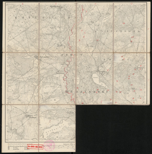 Mapa drukowana 1247 Rahnwerder II - Ujęcie z przodu; Mapę 1247 Rahnwerder II opracowano w 1890, wydano w 1892, a dodrukowano w 1895 roku. Obejmuje obszar w pobliżu miejscowości Rahnwerder, Kreis Saatzig, Reg. Bez. Stettin, Prov. Pommern, dziś Pełkinica, pow. drawski, woj. zachodniopomorskie, Polska. Jest jednym z dwóch zachowanych egzemplarzy arkusza przedwojennej mapy topograficznej oznaczonego godłem 1247 (ten z odciętym dolnym fragmentem), zawierającym dane o lokalizacji obiektów i ich nazw w zasobie archiwalnym Flurnamen Sammlung. Na drukowanej mapie ręcznie naniesiono warstwę z numeracją obiektów fizjograficznych odnoszących się do miejscowości: Zuchow, dziś Suchowo; Wedelsdorf, dziś Radowo.