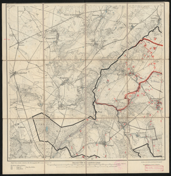 drukowana mapa 691 Ramelow II - Ujęcie z przodu; Mapę 691 Ramelow II opracowano w 1889, wydano w 1891, a dodrukowano w 1911 roku. Obejmuje obszar w pobliżu miejscowości Ramelow, Kreis Kolberg-Körlin, Reg. Bez. Köslin, Prov. Pommern, dziś Ramlewo, pow. kołobrzeski, woj. zachodniopomorskie, Polska. Jest jednym z dwóch zachowanych egzemplarzy arkusza przedwojennej mapy topograficznej oznaczonego godłem 691, zawierającym dane o lokalizacji obiektów i ich nazw w zasobie archiwalnym Flurnamen Sammlung. Na drukowanej mapie ręcznie naniesiono warstwę z numeracją obiektów fizjograficznych odnoszących się do miejscowości: Rarfin, dziś Rarwino; Gr. Reichow, dziś Rychowo; Podewils, dziś Podwilcze; Zietlow, dziś Sidłowo; Neuhof, dziś Kobylica †.