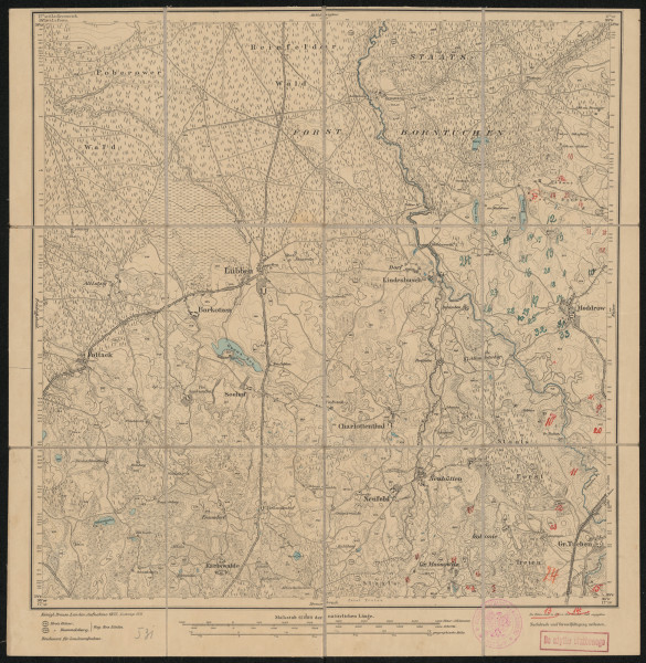 Mapa drukowana 531 Lubben II - Ujęcie z przodu; Mapę 531 Lubben II opracowano w 1875, a dodrukowano w 1919 roku. Obejmuje obszar w pobliżu miejscowości Lubben, Kreis Rummelsburg, Reg. Bez. Köslin, Prov. Pommern, dziś Łubno, pow. bytowski, woj. pomorskie, Polska. Jest jednym z dwóch zachowanych egzemplarzy arkusza przedwojennej mapy topograficznej oznaczonego godłem 531, zawierającym dane o lokalizacji obiektów i ich nazw w zasobie archiwalnym Flurnamen Sammlung. Na drukowanej mapie ręcznie naniesiono warstwę z numeracją obiektów fizjograficznych odnoszących się do miejscowości: Katkow, dziś Chotkowo; Moddrow, dziś Modrzejewo; Gr. Tuchen, dziś Tuchomie; Gr. Massowitz, dziś Masłowice Tuchomskie.