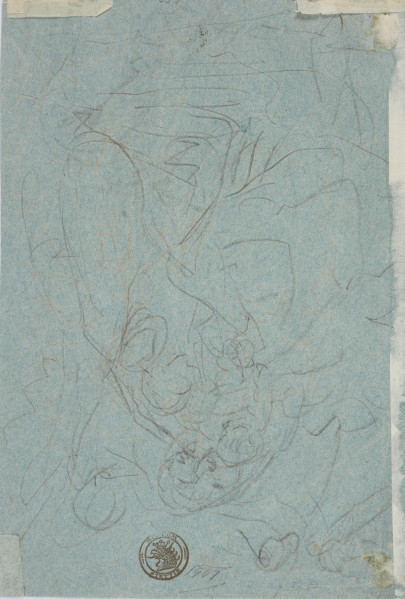 rysunek - ujęcie z tyłu; Rysunek w układzie pionowym na karcie niebieskiego papieru weneckiego w kształcie prostokąta. Na verso czarną kredką szkic ze sceną do kompozycji Pokłon Trzech Króli przedstawiającą Madonnę z Dzieciątkiem i klęczącym królem.