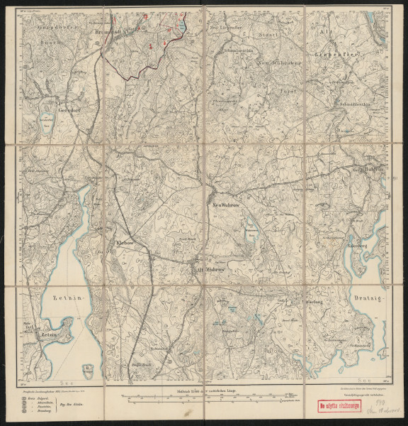 Mapa drukowana 970 Neu-Wuhrow I - Ujęcie z przodu; Mapę 970 Neu-Wuhrow I opracowano i wydano w 1875, a dodrukowano w 1919 roku. Obejmuje obszar w pobliżu miejscowości Neu Wuhrow, Kreis Neustettin, Reg. Bez. Köslin, Prov. Pommern, dziś Nowe Worowo, pow. drawski, woj. zachodniopomorskie, Polska. Jest jednym z czterech zachowanych egzemplarzy arkusza przedwojennej mapy topograficznej oznaczonego godłem 970 (ale inne wydanie), zawierającym dane o lokalizacji obiektów i ich nazw w zasobie archiwalnym Flurnamen Sammlung. Na drukowanej mapie ręcznie naniesiono warstwę z numeracją obiektów fizjograficznych odnoszących się do miejscowości: Bramstädt, dziś Toporzyk.