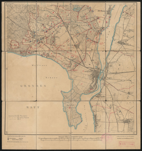 Mapa drukowana - Ujęcie z przodu; Mapę 770 Wollin II opracowano i wydano w 1886, skorygowano w 1906, a dodrukowano w 1925 roku. Obejmuje obszar w pobliżu miejscowości Wollin, Kreis Usedom-Wollin, Reg. Bez. Stettin, Prov. Pommern, dziś Wolin, pow. kamieński, woj. zachodniopomorskie, Polska. Jest jednym z dwóch zachowanych egzemplarzy arkusza przedwojennej mapy topograficznej oznaczonego godłem 770 (ale inne wydanie), zawierającym dane o lokalizacji obiektów i ich nazw w zasobie archiwalnym Flurnamen Sammlung. Na drukowanej mapie ręcznie naniesiono warstwę z numeracją obiektów fizjograficznych odnoszących się do miejscowości: Alt, Neu Dargebanz, dziś Dargobądz; Hagenken, dziś Jagienki; Gr., Kl. Mokratz, dziś Mokrzyca Wielka, Mała; Alt Tonnin, dziś Unin; Darsewitz, dziś Darzowice; Karzig, dziś Karnocice; Soldemin, dziś Sułomino; Plötzin, dziś Płocin; Wollin.