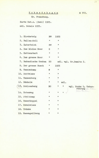 Flurnamen Sammlung - Kreis Franzburg - Ujęcie jednej ze stron spisanych maszynowo. Lekko pożółkła karta z maszynowym spisem 19 pozycji z nazwami w języku niemieckim. Przy niektórych pozycjach krótkie dopiski z prawej strony.