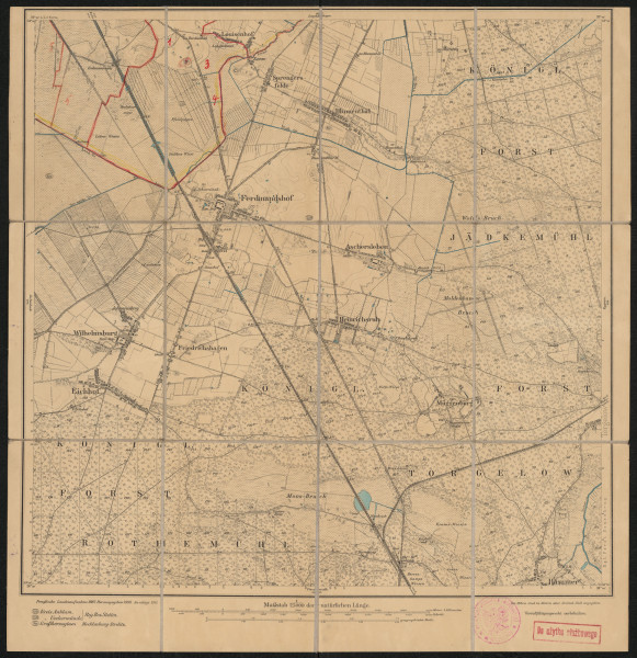 Mapa drukowana 957 Ferdinandshof II - Ujęcie z przodu; Mapę 957 Ferdinandshof II opracowano w 1887, wydano w 1888, a skorygowano w 1911 roku. Obejmuje obszar w pobliżu miejscowości Ferdinandshof, Kreis Ueckermünde, Reg. Bez. Stettin, Prov. Pommern, dziś Kreis Vorpommern-Greifswald, Bundesland Mecklenburg-Vorpommern, Niemcy. Jest jednym z dwóch zachowanych egzemplarzy arkusza przedwojennej mapy topograficznej oznaczonego godłem 957 (ale inne wydanie), zawierającym dane o lokalizacji obiektów i ich nazw w zasobie archiwalnym Flurnamen Sammlung. Na drukowanej mapie ręcznie naniesiono warstwę z numeracją obiektów fizjograficznych odnoszących się do miejscowości: Altwigshagen.