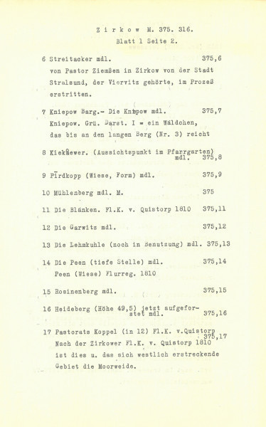 Flurnamen Sammlung - Powiat Rugijski - Ujęcie strony spisu maszynowego. Lekko pożółkła karta spisu maszynowego z pozycjami od 6 do 17 z nazwami i krótkimi opisami w języku niemieckim.