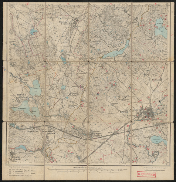 Mapa drukowana 1064 Dramburg I - Ujęcie z przodu; Mapę 1064 Dramburg I opracowano i wydano w 1890, a dodrukowano w 1924 roku. Obejmuje obszar w pobliżu miejscowości Dramburg, Kreis Dramburg, Reg. Bez. Köslin, Prov. Pommern, dziś Drawsko Pomorskie, pow. drawski, woj. zachodniopomorskie, Polska. Jest jedynym zachowanym egzemplarzem arkusza przedwojennej mapy topograficznej oznaczonego godłem 1064, zawierającym dane o lokalizacji obiektów i ich nazw w zasobie archiwalnym Flurnamen Sammlung. Na drukowanej mapie ręcznie naniesiono warstwę z numeracją obiektów fizjograficznych odnoszących się do miejscowości: Schilde, dziś Żółte; Dramburg; Golz, dziś Woliczno.