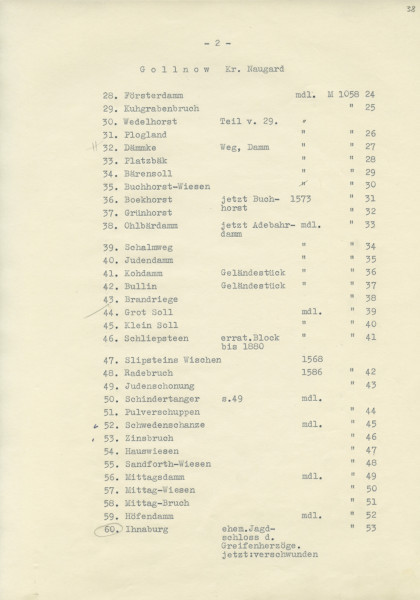 Flurnamen Sammlung - Powiat Nowogard - Ujęcie jednej strony spisu maszynowego. Pożółkła karta spisu maszynowego z pozycjami 28-60 z nazwami w języku niemieckim. Przy niektórych pozycjach krótkie opisy również w języku niemieckim.