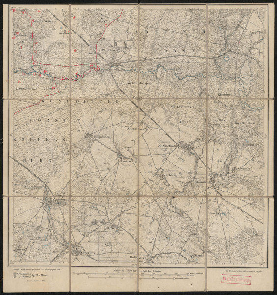 drukowana mapa 609 Klannin I - Ujęcie z przodu; Mapę 609 Klannin I opracowano w 1889, wydano w 1891, a dodrukowano w 1906 roku. Obejmuje obszar w pobliżu miejscowości Klannin, Kreis Köslin, Reg. Bez. Köslin, Prov. Pommern, dziś Kłanino, pow. koszaliński, woj. zachodniopomorskie, Polska. Jest jednym z dwóch zachowanych egzemplarzy arkusza przedwojennej mapy topograficznej oznaczonego godłem 609, zawierającym dane o lokalizacji obiektów i ich nazw w zasobie archiwalnym Flurnamen Sammlung. Na drukowanej mapie ręcznie naniesiono warstwę z numeracją obiektów fizjograficznych odnoszących się do miejscowości: Rossnow, dziś Rosnowo; Seidel, dziś Wyszewo; Koppelsberg, dziś Kopanino; Welschberg, dziś Wilczogóra; Klannin; Krampe, dziś Krępa; Dargen, dziś Dargiń; Hufenberg, dziś Bożniewice.