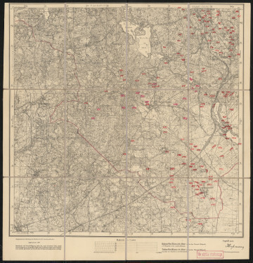 drukowana mapa 698 Falkenhagen I - Ujęcie z przodu; Mapę 698 Falkenhagen I opracowano i wydano w 1929 roku. Obejmuje obszar w pobliżu miejscowości Falkenhagen, Kreis Rummelsburg, Reg. Bez. Köslin, Prov. Pommern, dziś Miłocice, pow. bytowski, woj. pomorskie, Polska. Jest jednym z dwóch zachowanych egzemplarzy arkusza przedwojennej mapy topograficznej oznaczonego godłem 698, zawierającym dane o lokalizacji obiektów i ich nazw w zasobie archiwalnym Flurnamen Sammlung. Na drukowanej mapie ręcznie naniesiono warstwę z numeracją obiektów fizjograficznych odnoszących się do miejscowości: Kl. Volz, dziś Wołcza Mała; Rummelsburg, dziś Miastko; Falkenhagen; Reinfeld, dziś Słosinko; Heinrichsdorf, dziś Przeradz.