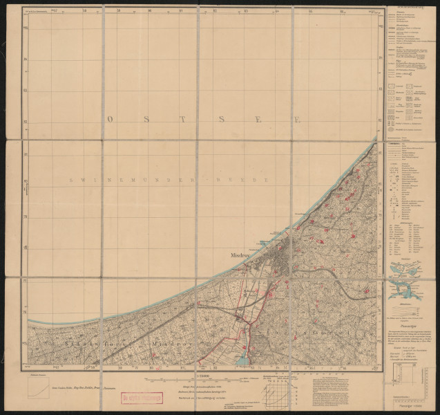 drukowana mapa 683 Misdroy I - Ujęcie z przodu; Mapę 683 Misdroy I opracowano i wydano w 1886, a skorygowano w 1924 roku. Obejmuje obszar w pobliżu miejscowości Misdroy, Kreis Usedom-Wollin, Reg. Bez. Stettin, Prov. Pommern, dziś Międzyzdroje, pow. kamieński, woj. zachodniopomorskie, Polska. Jest jedynym zachowanym egzemplarzem arkusza przedwojennej mapy topograficznej oznaczonego godłem 683, zawierającym dane o lokalizacji obiektów i ich nazw w zasobie archiwalnym Flurnamen Sammlung. Na drukowanej mapie ręcznie naniesiono warstwę z numeracją obiektów fizjograficznych odnoszących się do miejscowości: Misdroy.