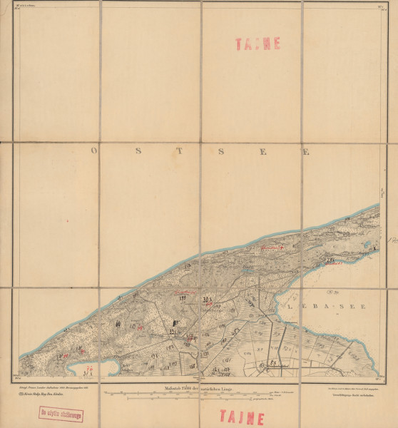 drukowana mapa 170 Scholpin I - Ujęcie z przodu; Mapę 170 Scholpin I opracowano w 1889, a wydano w 1891 roku. Obejmuje obszar w pobliżu miejscowości Scholpin, Kreis Stolp, Reg. Bez. Köslin, Prov. Pommern, dziś Czołpino, pow. słupski, woj. pomorskie, Polska. Jest jedynym zachowanym egzemplarzem arkusza przedwojennej mapy topograficznej oznaczonego godłem 170, zawierającym dane o lokalizacji obiektów i ich nazw w zasobie archiwalnym Flurnamen Sammlung. Na drukowanej mapie ręcznie naniesiono warstwę z numeracją obiektów fizjograficznych odnoszących się do miejscowości: Scholpin.