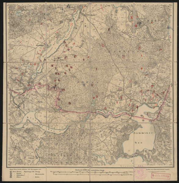 drukowana mapa 616 Sommin II - Ujęcie z przodu; Mapę 616 Sommin II opracowano w 1875, a wydano w 1877 roku. Obejmuje obszar w pobliżu miejscowości Sommin, Kreis Bütow, Reg. Bez. Köslin, Prov. Pommern, dziś Sominy, pow. bytowski, woj. pomorskie, Polska Jest jedynym zachowanym egzemplarzem arkusza przedwojennej mapy topograficznej oznaczonego godłem 616, zawierającym dane o lokalizacji obiektów i ich nazw w zasobie archiwalnym Flurnamen Sammlung. Na drukowanej mapie ręcznie naniesiono warstwę z numeracją obiektów fizjograficznych odnoszących się do miejscowości: Zerrin, dziś Sierzno; Klonschen, dziś Kłączno; Stüdnitz, dziś Studzienice; Pschywors, dziś Przewóz; Sommin.