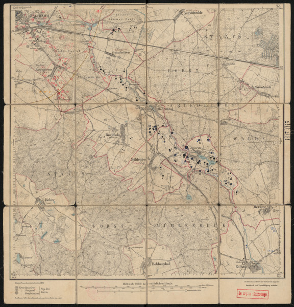 Mapa drukowana 1241 Altdamm I - Ujęcie z przodu; Mapę 1241 Altdamm I opracowano i wydano w 1886, a dodrukowano w 1924 roku. Obejmuje obszar w pobliżu miejscowości Altdamm, Kreis Randow, Reg. Bez. Stettin, Prov. Pommern, dziś Dąbie (część Szczecina – miasta na prawach powiatu), woj. zachodniopomorskie, Polska. Jest jednym z dwóch zachowanych egzemplarzy arkusza przedwojennej mapy topograficznej oznaczonego godłem 1241, zawierającym dane o lokalizacji obiektów i ich nazw w zasobie archiwalnym Flurnamen Sammlung. Na drukowanej mapie ręcznie naniesiono warstwę z numeracją obiektów fizjograficznych odnoszących się do miejscowości: Altdamm; Rosengarten, dziś Kijewo; Franzhausen, dziś Sławociesze; Augustwalde, dziś Wielgowo; Buchholz, dziś Płonia; Mühlenbeck, dziś Śmierdnica; Hohenkrug, dziś Struga; Jeseritz, dziś Jezierzyce; Reckow, dziś Rekowo; Kolbatz, dziś Kołbacz.