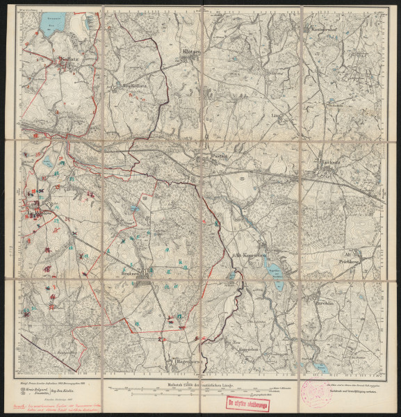 Mapa drukowana 874 Kollatz II - Ujęcie z przodu; Mapę 874 Kollatz II opracowano w 1889, wydano w 1891, a dodrukowano w 1907 roku. Obejmuje obszar w pobliżu miejscowości Kollatz, Kreis Belgard, Reg. Bez. Köslin, Prov. Pommern, dziś Kołacz, pow. świdwiński, woj. zachodniopomorskie, Polska. Jest jednym z dwóch zachowanych egzemplarzy arkusza przedwojennej mapy topograficznej oznaczonego godłem 874, zawierającym dane o lokalizacji obiektów i ich nazw w zasobie archiwalnym Flurnamen Sammlung. Na drukowanej mapie ręcznie naniesiono warstwę z numeracją obiektów fizjograficznych odnoszących się do miejscowości: Kollatz; Neu Kollatz, dziś Kołaczek; Gr. Poplow, dziś Popielewo; Brutzen, dziś Brusno; Hagenhorst, dziś Kocury.