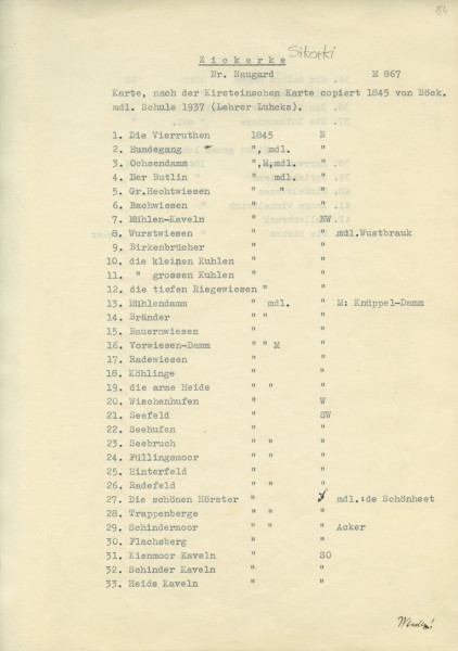 Flurnamen Sammlung - Powiat Nowogard - Ujęcie innej strony spisu maszynowego. Lekko pożółkła karta spisu maszynowego 33 pozycji z nazwami w języku niemieckim. U góry i na dole krótkie odręczne dopiski piórem i ołówkiem w języku niemieckim.