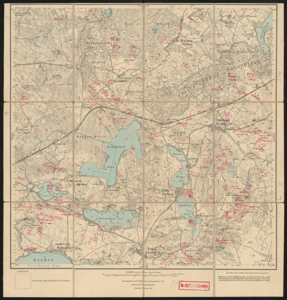 Mapa drukowana 973 Gellen I - Ujęcie z przodu; Mapę 973 Gellen I opracowano i wydano w 1877, a dodrukowano w 1928 roku. Obejmuje obszar w pobliżu miejscowości Gellen, Kreis Neustettin, Reg. Bez. Köslin, Prov. Pommern, dziś Jeleń, pow. szczecinecki, woj. zachodniopomorskie, Polska. Jest jedynym egzemplarzem arkusza przedwojennej mapy topograficznej oznaczonego godłem 973, zawierającym dane o lokalizacji obiektów i ich nazw w zasobie archiwalnym Flurnamen Sammlung. Na drukowanej mapie ręcznie naniesiono warstwę z numeracją obiektów fizjograficznych odnoszących się do miejscowości: Kucherow, dziś Kucharowo; Mossin, dziś Mosina; Lanzen, dziś Łączno; Graben, dziś Grabno; Gellin, dziś Jelenino; Gellen; Dummerfitz, dziś Dąbrowica; Krangen, dziś Krągi; Wilhelmshorst, dziś Jelonek.