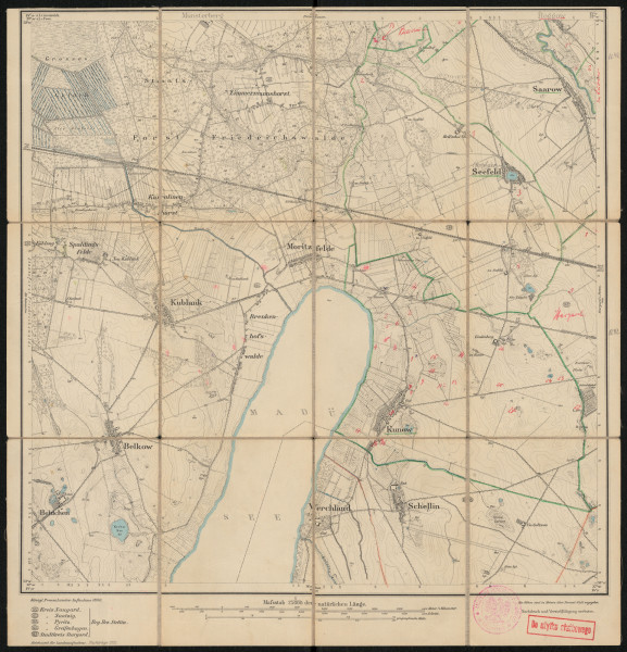 Mapa drukowana 1242 Kublank II - Ujęcie z przodu; Mapę 1242 Kublank II opracowano i wydano w 1890, a dodrukowano w 1922 roku. Obejmuje obszar w pobliżu miejscowości Kublank, Kreis Greifenhagen, Reg. Bez. Stettin, Prov. Pommern, dziś Kobylanka, pow. stargardzki, woj. zachodniopomorskie, Polska. Jest jednym z dwóch zachowanych egzemplarzy arkusza przedwojennej mapy topograficznej oznaczonego godłem 1242, zawierającym dane o lokalizacji obiektów i ich nazw w zasobie archiwalnym Flurnamen Sammlung. Na drukowanej mapie ręcznie naniesiono warstwę z numeracją obiektów fizjograficznych odnoszących się do miejscowości: Bruchhausen, dziś Smogolice; Roggow, dziś Rogowo; Seefeld, dziś Grzędzice; Kunow, dziś Kunowo; Stargard i.Pom., dziś Stargard.