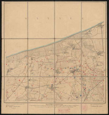 drukowana mapa 600 Gr. Justin I - Ujęcie z przodu; Mapę 600 Gr. Justin I opracowano w 1889, wydano w 1890, a skorygowano i wydrukowano w 1906 roku. Obejmuje obszar w pobliżu miejscowości Gr. Justyn, Kreis Cammin, Reg. Bez. Stettin, Prov. Pommern, dziś Gostyń, pow. kamieński, woj. zachodniopomorskie, Polska. Jest jednym z dwóch zachowanych egzemplarzy arkusza przedwojennej mapy topograficznej oznaczonego godłem 600, zawierającym dane o lokalizacji obiektów i ich nazw w zasobie archiwalnym Flurnamen Sammlung. Na drukowanej mapie ręcznie naniesiono warstwę z numeracją obiektów fizjograficznych odnoszących się do miejscowości: Pustchow, dziś Pustkowo; Hoff, dziś Trzęsacz; Raddack, dziś Radawka; Riebitz, dziś Rybice; Gr. Justin; Gr. Poberow, dziś Pobierowo; Dresow, dziś Dreżewo; Johannisthal, dziś Janowo; Ramsberg, dziś Strzeżewko; Stresow, dziś Strzeżewo; Zoldekow, dziś Sulikowo; Damerow, dziś Dąbrowa.