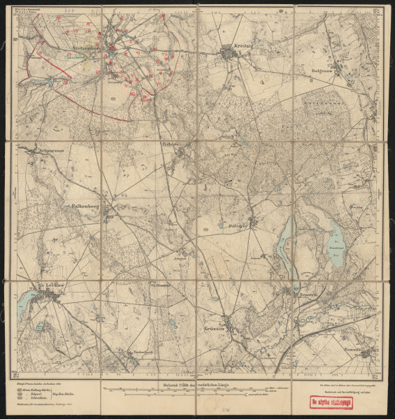 Mapa drukowana 777 Stolzenberg I - Ujęcie z przodu; Mapę 777 Stolzenberg I opracowano i wydano w 1889, a dodrukowano w 1924 roku. Obejmuje obszar w pobliżu miejscowości Stolzenberg, Kreis Kolberg-Körlin, Reg. Bez. Köslin, Prov. Pommern, dziś Sławoborze, pow. świdwiński, woj. zachodniopomorskie, Polska. Jest jednym z dwóch zachowanych egzemplarzy arkusza przedwojennej mapy topograficznej oznaczonego godłem 777, zawierającym dane o lokalizacji obiektów i ich nazw w zasobie archiwalnym Flurnamen Sammlung. Na drukowanej mapie ręcznie naniesiono warstwę z numeracją obiektów fizjograficznych odnoszących się do miejscowości: Stolzenberg; Dolgenow, dziś Dołganów; Falkenberg, dziś Jastrzębniki; Balsdrey, dziś Biały Zdrój; Nelep, dziś Nielep; Leckow, dziś Lekowo; Teschenbusch, dziś Cieszyno; Grössin, dziś Krosino; Beustrin, dziś Bystrzyna; Nemmin, dziś Niemierzyno.