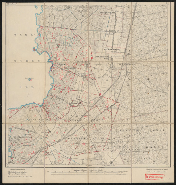 Mapa drukowana  1150 Gr. Christinenberg I - Ujęcie z przodu; Mapę 1150 Gr. Christinenberg I opracowano i wydano w 1886, a dodrukowano w 1922 roku. Obejmuje obszar w pobliżu miejscowości Gr. Christinenberg, Kreis Naugard, Reg. Bez. Stettin, Prov. Pommern, dziś Kliniska Wielkie, pow. goleniowski, woj. zachodniopomorskie, Polska. Jest jednym z dwóch zachowanych egzemplarzy arkusza przedwojennej mapy topograficznej oznaczonego godłem 1150, zawierającym dane o lokalizacji obiektów i ich nazw w zasobie archiwalnym Flurnamen Sammlung. Na drukowanej mapie ręcznie naniesiono warstwę z numeracją obiektów fizjograficznych odnoszących się do miejscowości: Bergland, dziś Bystra; Friedrichsdorf, dziś Łękinia; Oberhof, dziś Pucice; Arnimswalde, dziś Załom; Hornskrug, dziś Rzęśnica; Stutthof, dziś Trzebusz.