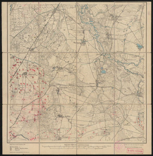 drukowana mapa 607 Bulgrin III - Ujęcie z przodu; Mapę 607 Bulgrin III wydano w 1889, a dodrukowano w 1924 roku. Obejmuje obszar w pobliżu miejscowości Bulgrin, Kreis Belgard, Reg. Bez. Köslin, Prov. Pommern, dziś Białogórzyno, pow. białogardzki, woj. zachodniopomorskie, Polska. Jest jednym z czterech zachowanych egzemplarzy arkusza przedwojennej mapy topograficznej oznaczonego godłem 607, zawierającym dane o lokalizacji obiektów i ich nazw w zasobie archiwalnym Flurnamen Sammlung. Na drukowanej mapie ręcznie naniesiono warstwę z numeracją obiektów fizjograficznych odnoszących się do miejscowości: Kösternitz, dziś Kościernica; Belgard, dziś Białogard; Klempin, dziś Klępino Białogardzkie; Damerow, dziś Dobrowo; Schlenin, dziś Słonino.