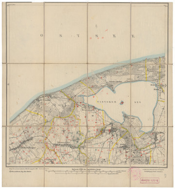 drukowana mapa 63 Lanzig II - Ujęcie z przodu; Mapę 263 Lanzig II opracowano w 1889, a wydano w 1890 roku. Obejmuje obszar w pobliżu miejscowości Lanzig, Kreis Schlawe, Reg. Bez. Köslin, Prov. Pommern, dziś Łącko, pow. sławieński, woj. zachodniopomorskie, Polska. Jest jedynym zachowanym egzemplarzem arkusza przedwojennej mapy topograficznej oznaczonego godłem 263, zawierającym dane o lokalizacji obiektów i ich nazw w zasobie archiwalnym Flurnamen Sammlung. Na drukowanej mapie ręcznie naniesiono warstwę z numeracją obiektów fizjograficznych odnoszących się do miejscowości: Lanzig; Rützenhagen, dziś Rusinowo; Vietzker Strand, dziś Wicko Morskie; Jershöft, dziś Jarosławiec; Neuenhagen, dziś Jezierzany; Natzmershagen, dziś Nacmierz; Schöneberg, dziś Bylica; Körlin, dziś Korlino; Krolow, dziś Królewo.