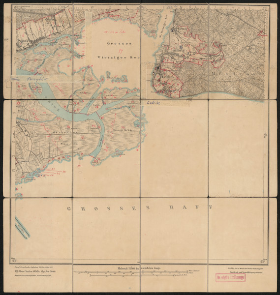 Mapa drukowana - Ujęcie z przodu; Mapę 769 Lebbin I opracowano i wydano w 1886, skorygowano w 1906, a dodrukowano w 1924 roku. Obejmuje obszar w pobliżu miejscowości Lebbin, Kreis Usedom-Wollin, Reg. Bez. Stettin, Prov. Pommern, dziś Lubin, pow. kamieński, woj. zachodniopomorskie, Polska. Jest jedynym zachowanym egzemplarzem arkusza przedwojennej mapy topograficznej oznaczonego godłem 769, zawierającym dane o lokalizacji obiektów i ich nazw w zasobie archiwalnym Flurnamen Sammlung. Na drukowanej mapie ręcznie naniesiono warstwę z numeracją obiektów fizjograficznych odnoszących się do miejscowości: Pritter, dziś Przytór; Lebbin; Kalkofen, dziś Wapnica; Stengow, dziś Trzciągowo; Kaseburg, dziś Karsibór.