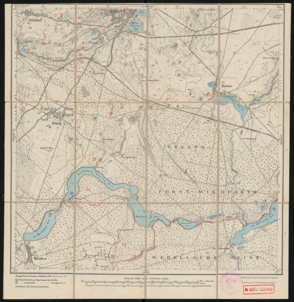 Mapa drukowana 1333 Kallies II - Ujęcie z przodu; Mapę 1333 Kallies II opracowano i wydano w 1876, a dodrukowano w 1919 roku. Obejmuje obszar w pobliżu miejscowości Kallies, Kreis Dramburg, Reg. Bez. Köslin, Prov. Pommern, dziś Kalisz Pomorski, pow. drawski, woj. zachodniopomorskie, Polska. Jest jedynym zachowanym egzemplarzem arkusza przedwojennej mapy topograficznej oznaczonego godłem 1333, zawierającym dane o lokalizacji obiektów i ich nazw w zasobie archiwalnym Flurnamen Sammlung. Na drukowanej mapie ręcznie naniesiono warstwę z numeracją obiektów fizjograficznych odnoszących się do miejscowości: Kallies; Balster, dziś Biały Zdrój; Denzig, dziś Dębsko.