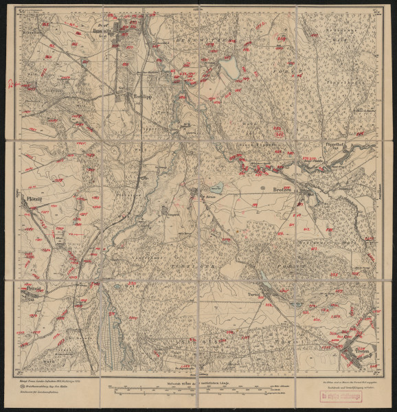 drukowana mapa 529 Brotzen I - Ujęcie z przodu; Mapę 529 Brotzen I opracowano w 1875, a dodrukowano w 1919 roku. Obejmuje obszar w pobliżu miejscowości Brotzen, Kreis Rummelsburg, Reg. Bez. Köslin, Prov. Pommern, dziś Broczyna, pow. bytowski, woj. pomorskie, Polska. Jest jedynym zachowanym egzemplarzem arkusza przedwojennej mapy topograficznej oznaczonego godłem 529, zawierającym dane o lokalizacji obiektów i ich nazw w zasobie archiwalnym Flurnamen Sammlung. Na drukowanej mapie ręcznie naniesiono warstwę z numeracją obiektów fizjograficznych odnoszących się do miejscowości: Besswitz, dziś Biesowice; Techlipp, dziś Ciecholub; Plötzig, dziś Płocko; Brotzen; Pritzig, dziś Przytocko; Turzig, dziś Tursko; Treten, dziś Dretyń.