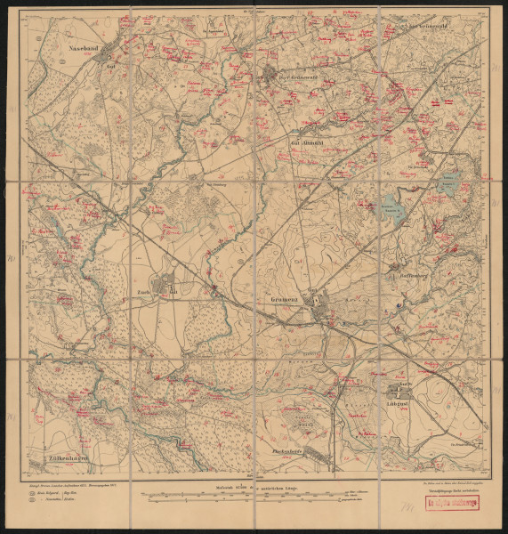 Mapa drukowana 781 Gramenz I - Ujęcie z przodu; Mapę 781 Gramenz I opracowano w 1875, a wydano w 1877 roku. Obejmuje obszar w pobliżu miejscowości Gramenz, Kreis Neustettin, Reg. Bez. Köslin, Prov. Pommern, dziś Grzmiąca, pow. szczecinecki, woj. zachodniopomorskie, Polska. Jest jedynym zachowanym egzemplarzem arkusza przedwojennej mapy topograficznej oznaczonego godłem 781, zawierającym dane o lokalizacji obiektów i ich nazw w zasobie archiwalnym Flurnamen Sammlung. Na drukowanej mapie ręcznie naniesiono warstwę z numeracją obiektów fizjograficznych odnoszących się do miejscowości: Naseband, dziś Nosibądy; Grünewald, dziś Mieszałki; Altmühl, dziś Radusz; Gr. Krössin, dziś Krosino; Zuch, dziś Sucha; Gramenz; Raffenberg, dziś Równe; Zülkenhagen, dziś Sulikowo; Flackenheide, dziś Wielawino; Lübgost, dziś Lubogoszcz.