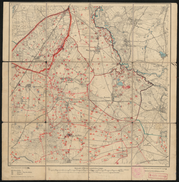 drukowana mapa 607 Bulgrin IV - Ujęcie z przodu; Mapę 607 Bulgrin IV wydano w 1889, a dodrukowano w 1924 roku. Obejmuje obszar w pobliżu miejscowości Bulgrin, Kreis Belgard, Reg. Bez. Köslin, Prov. Pommern, dziś Białogórzyno, pow. białogardzki, woj. zachodniopomorskie, Polska. Jest jednym z czterech zachowanych egzemplarzy arkusza przedwojennej mapy topograficznej oznaczonego godłem 607, zawierającym dane o lokalizacji obiektów i ich nazw w zasobie archiwalnym Flurnamen Sammlung. Na drukowanej mapie ręcznie naniesiono warstwę z numeracją obiektów fizjograficznych odnoszących się do miejscowości: Pustchow, dziś Pustkowo; Bulgrin; Neu Bulgrin, dziś Białogórzynko; Kösternitz, dziś Kościernica; Silesen, dziś Żeleźno; Pumlow, dziś Pomianowo; Butzke, dziś Buczek; Belgard, dziś Białogard; Darkow, dziś Dargikowo; Klempin, dziś Klępino Białogardzkie; Damerow, dziś Dobrowo; Schlenin, dziś Słonino.