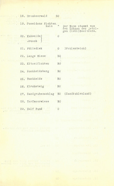 Flurnamen Sammlung - Powiat Szadzki - Ujęcie jednej strony spisu maszynowego.  Lekko pożółkła karta spisu maszynowego pozycji od 18 do 29 z nazwami w języku niemieckim.