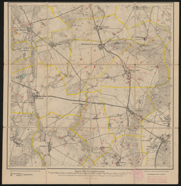 drukowana mapa 527 Alt-Zowen II - Ujęcie z przodu; Mapę 527 Alt-Zowen II opracowano w 1889, a wydano w 1891 roku. Obejmuje obszar w pobliżu miejscowości Alt Zowen, Kreis Bublitz, Reg. Bez. Köslin, Prov. Pommern, dziś Sowno, pow. koszaliński, woj. zachodniopomorskie, Polska. Jest jednym z dwóch zachowanych egzemplarzy arkusza przedwojennej mapy topograficznej oznaczonego godłem 527, zawierającym dane o lokalizacji obiektów i ich nazw w zasobie archiwalnym Flurnamen Sammlung. Na drukowanej mapie ręcznie naniesiono warstwę z numeracją obiektów fizjograficznych odnoszących się do miejscowości: Alt Zowen; Neu Zowen, dziś Sowinko; Hanshagen, dziś Domachowo; Wendisch Buckow, dziś Bukowo; Kl. Ristow, dziś Rzyszczewko; Natzlaff, dziś Nacław; Schwarzin, dziś Świerczyna; Jatzingen, dziś Jacinki; Gerbin, dziś Garbno; Datzow, dziś Dadzewo; Rotzog, dziś Rosocha; Pollnow, dziś Polanów.