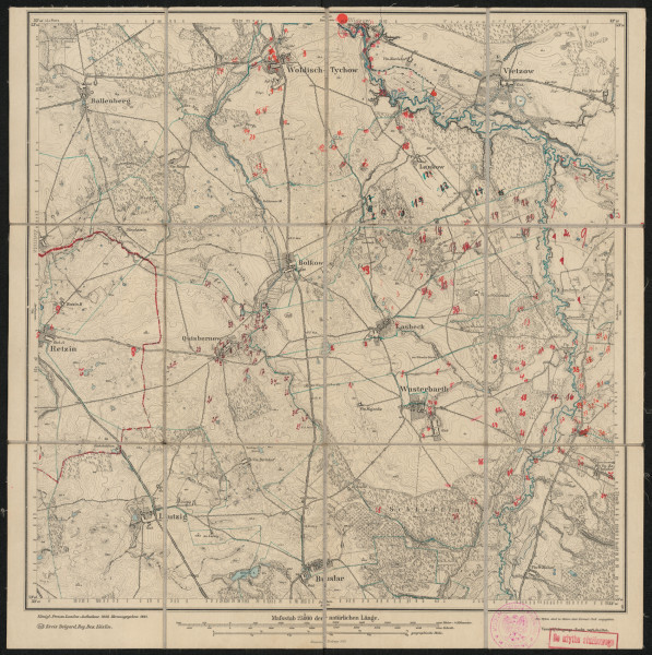 drukowana mapa 779 Wusterbarth 0 - Ujęcie z przodu; Mapę 779 Wusterbarth 0 opracowano w 1889, wydano w 1891, a dodrukowano w 1907 roku. Obejmuje obszar w pobliżu miejscowości Wusterbarth, Kreis Belgard, Reg. Bez. Köslin, Prov. Pommern, dziś Ostre Bardo, pow. świdwiński, woj. zachodniopomorskie, Polska. Jest jednym z dwóch zachowanych egzemplarzy arkusza przedwojennej mapy topograficznej oznaczonego godłem 779 (ale inne wydanie), zawierającym dane o lokalizacji obiektów i ich nazw w zasobie archiwalnym Flurnamen Sammlung. Na drukowanej mapie ręcznie naniesiono warstwę z numeracją obiektów fizjograficznych odnoszących się do miejscowości: Woldisch Tychow, dziś Tychówko; Wutzow, dziś Osówko; Lankow, dziś Łąkówko; Damen, dziś Stare Dębno; Retzin, dziś Rzecino; Quisbernow, dziś Biernów; Lasbeck, dziś Łośnica; Wusterbarth.