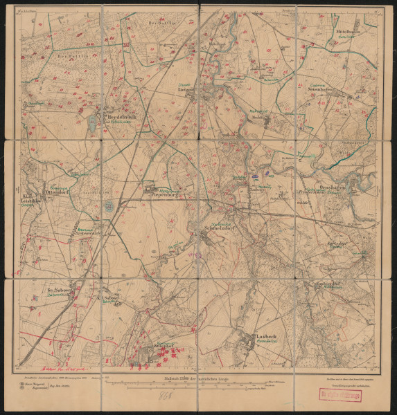 Mapa drukowana 868 Gr. Sabow I - Ujęcie z przodu; Mapę 868 Gr. Sabow I opracowano w 1889, wydano w 1891, a dodrukowano w 1919 roku. Obejmuje obszar w pobliżu miejscowości Gr. Sabow, Kreis Naugard, Reg. Bez. Stettin, Prov. Pommern, dziś Żabowo, pow. goleniowski, woj. zachodniopomorskie, Polska. Jest jedynym zachowanym egzemplarzem arkusza przedwojennej mapy topograficznej oznaczonego godłem 868, zawierającym dane o lokalizacji obiektów i ich nazw w zasobie archiwalnym Flurnamen Sammlung. Na drukowanej mapie ręcznie naniesiono warstwę z numeracją obiektów fizjograficznych odnoszących się do miejscowości: Heydebreck, dziś Potuliniec; Lietzow, dziś Lisowo; Plathe, dziś Płoty; Mackfitz, dziś Makowice; Mittelhagen, dziś Łowiska; Neuenhagen, dziś Czarne; Gr. Sabow; Piepenburg, dziś Wyszogóra; Maskow, dziś Maszkowo; Kniephof, dziś Konarzewo.