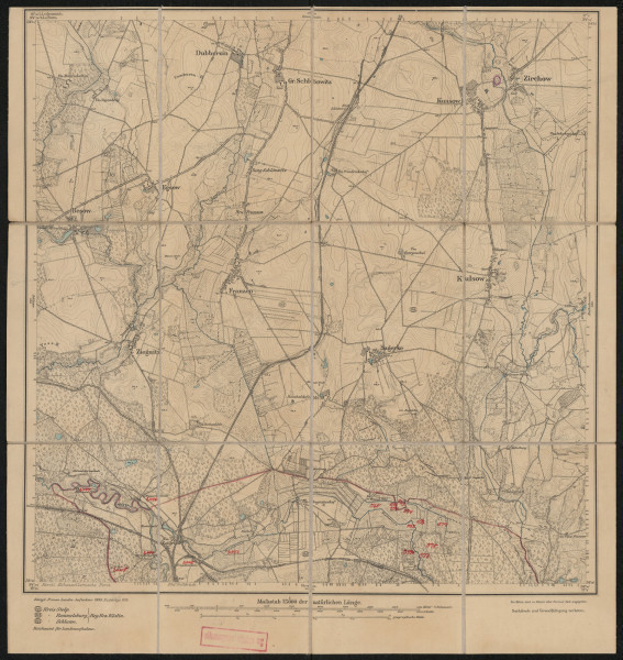 drukowana mapa 381 Kulsow I - Ujęcie z przodu; Mapę 381 Kulsow I opracowano w 1889, a dodrukowano w 1919 roku. Obejmuje obszar w pobliżu miejscowości Kulsow, Kreis Stolp, Reg. Bez. Köslin, Prov. Pommern, dziś Kuleszewo, pow. słupski, woj. pomorskie, Polska. Jest jedynym zachowanym egzemplarzem arkusza przedwojennej mapy topograficznej oznaczonego godłem 381, zawierającym dane o lokalizacji obiektów i ich nazw w zasobie archiwalnym Flurnamen Sammlung. Na drukowanej mapie ręcznie naniesiono warstwę z numeracją obiektów fizjograficznych odnoszących się do miejscowości: Bartin, dziś Barcino.