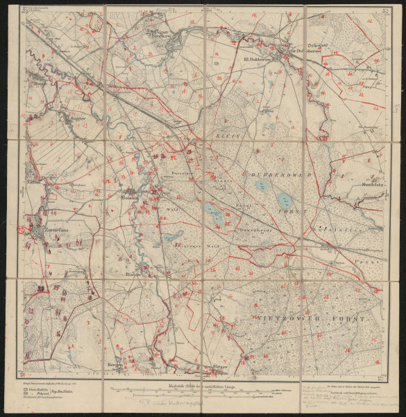 drukowana mapa 693 Boissin I - Ujęcie z przodu; Mapę 693 Boissin I opracowano i wydano w 1889, a dodrukowano w 1919 roku. Obejmuje obszar w pobliżu miejscowości Boissin, Kreis Belgard, Reg. Bez. Köslin, Prov. Pommern, dziś Byszyno, pow. białogardzki, woj. zachodniopomorskie, Polska. Jest jedynym zachowanym egzemplarzem arkusza przedwojennej mapy topograficznej oznaczonego godłem 693, zawierającym dane o lokalizacji obiektów i ich nazw w zasobie archiwalnym Flurnamen Sammlung. Na drukowanej mapie ręcznie naniesiono warstwę z numeracją obiektów fizjograficznych odnoszących się do miejscowości: Belgard, dziś Białogard; Denzin, dziś Dębczyno; Roggow, dziś Rogowo; Siedkow, dziś Żytelkowo; Gr., Kl. Dubberow, dziś Dobrowo, Dobrówko; Naffin, dziś Nawino; Zarnefanz, dziś Czarnowęsy (Pomorskie); Boissin; Ristow, dziś Rzyszczewo; Mandelatz, dziś Modrolas; Bergen, dziś Góry; Wutzow, dziś Osówko; Vietzow, dziś Wicewo.